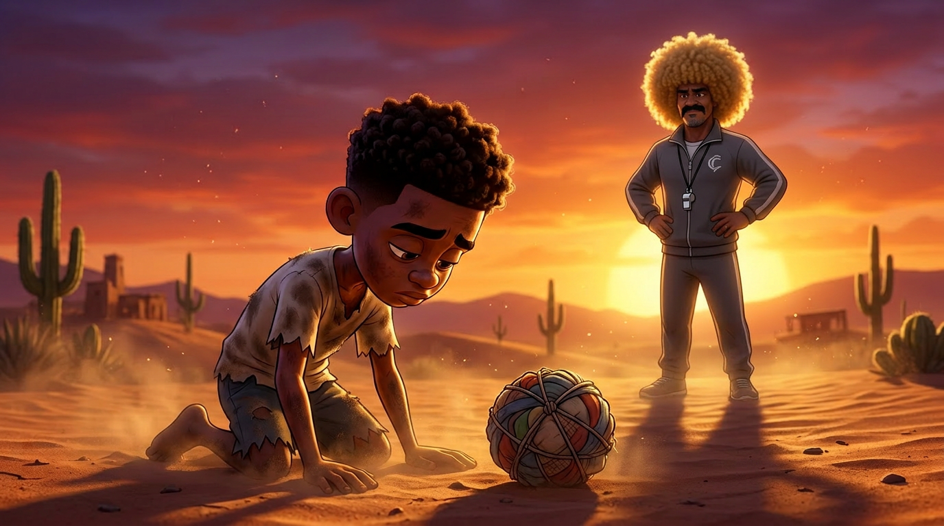 Louis de rodillas en el desierto al atardecer, observado por una leyenda colombiana con afro rubio