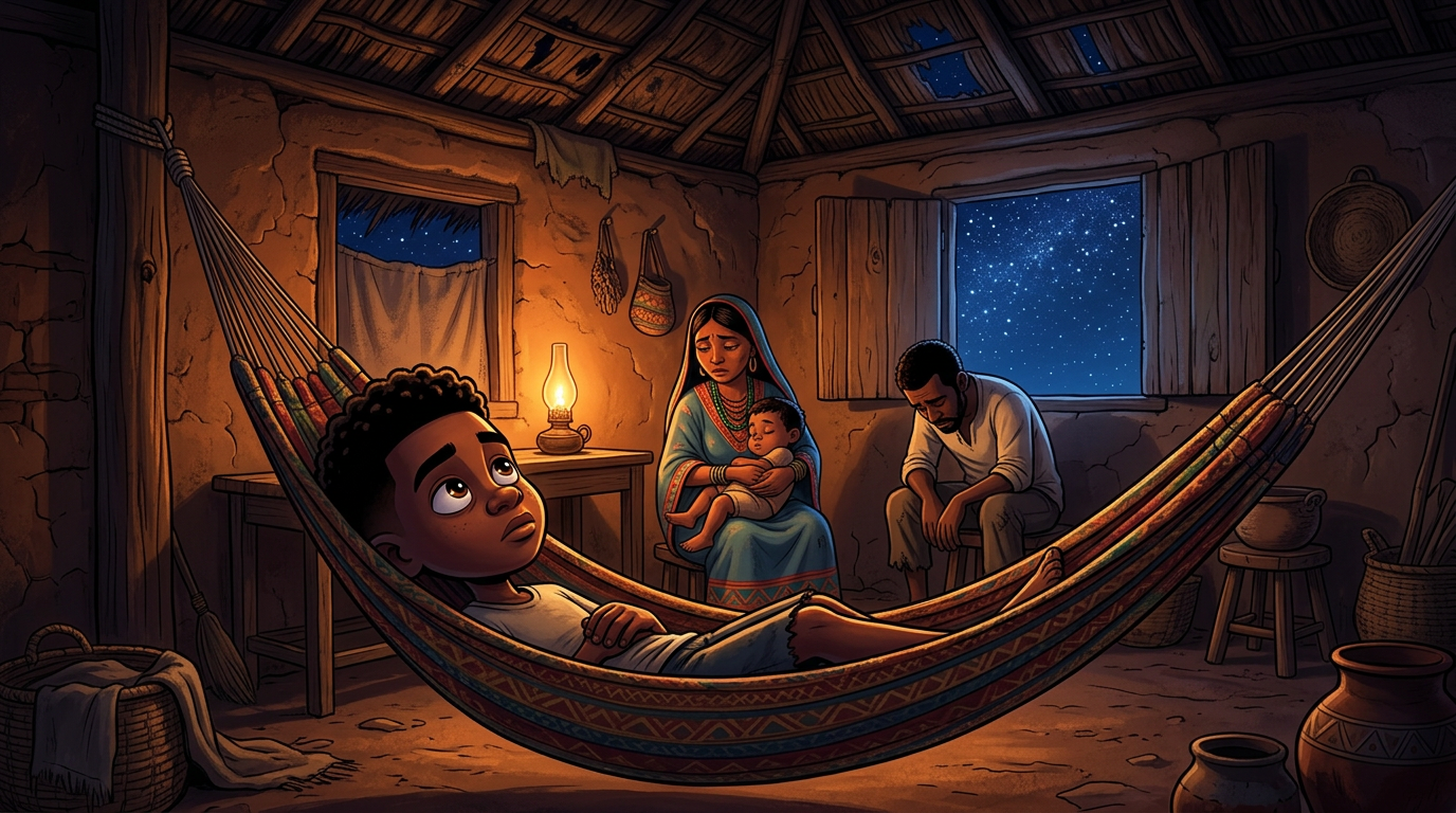 La ranchería Wayuu al caer la noche, con Louis y su familia