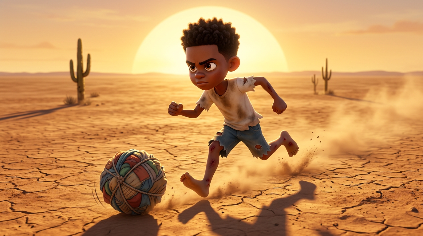 Louis corriendo descalzo en el desierto con un balón de trapo