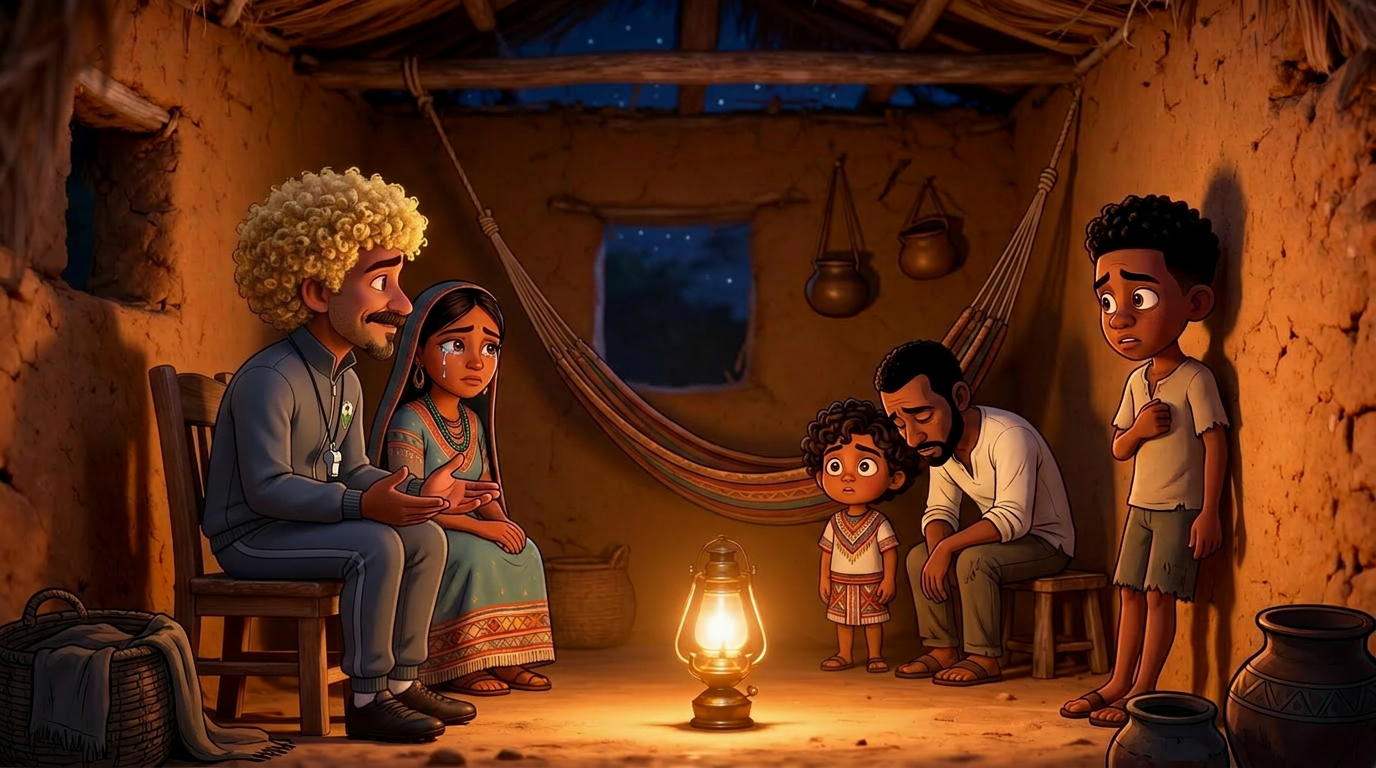 La leyenda conversa con la familia Wayuu de Louis dentro de su casa de barro