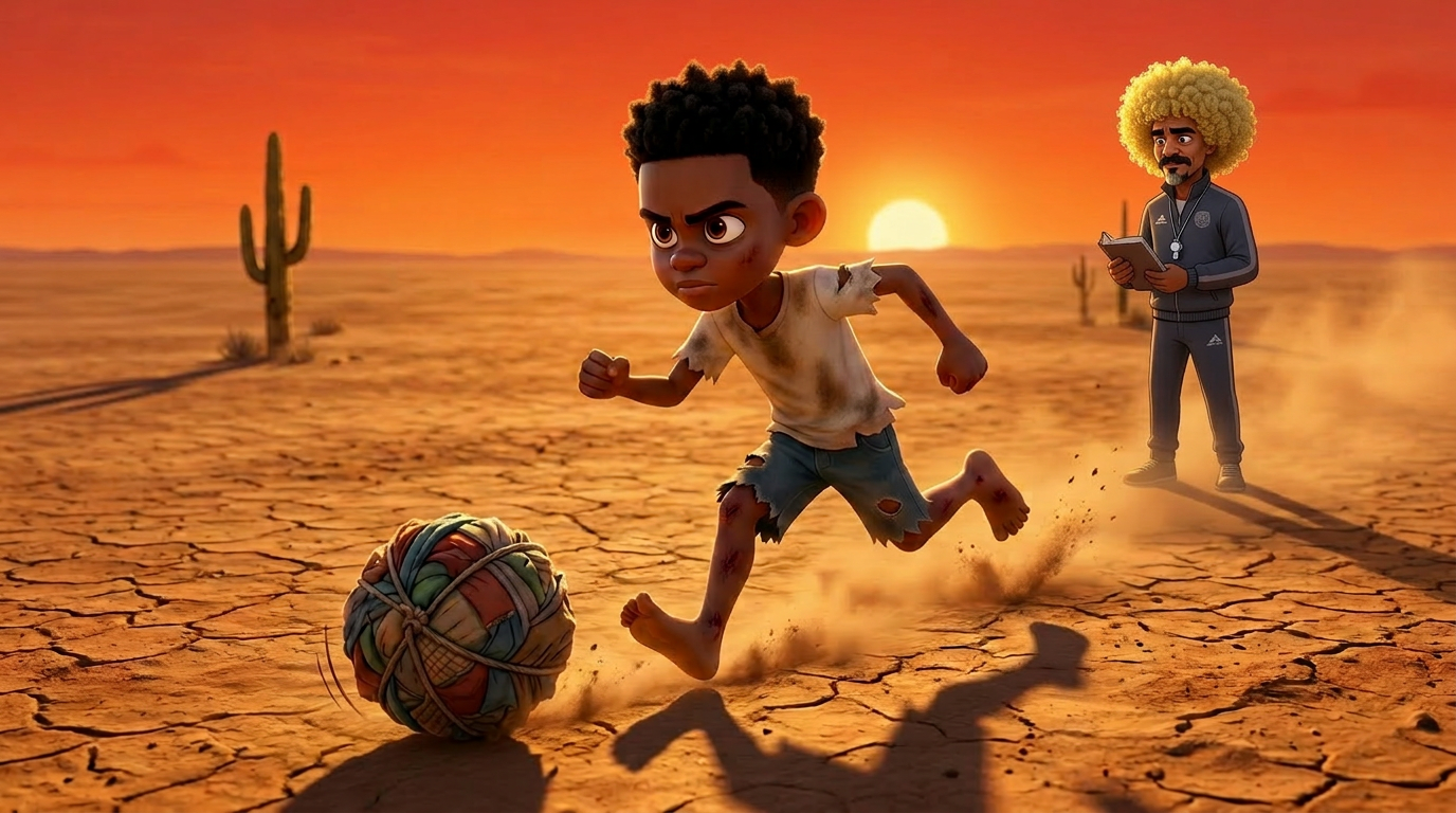 Louis corriendo descalzo bajo el sol mientras la leyenda lo observa a lo lejos
