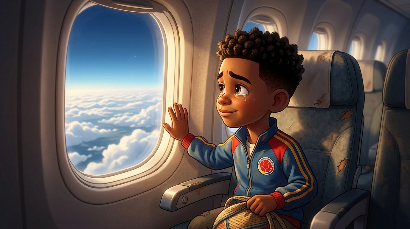 Louis mirando las nubes desde la ventana del avión rumbo a Chile